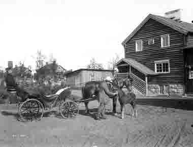 Hjalmar Lundbohm med väntande kusk på schäs och förspänd häst med föl. Den 4 juli 1910.