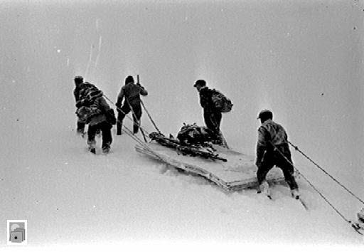 Fem personer åker skidor uppe på fjället.
