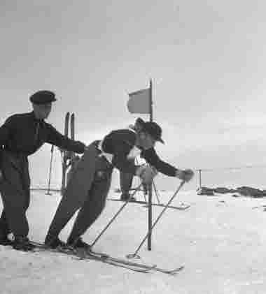 Skidtävling,skidåkare på startlinjen.